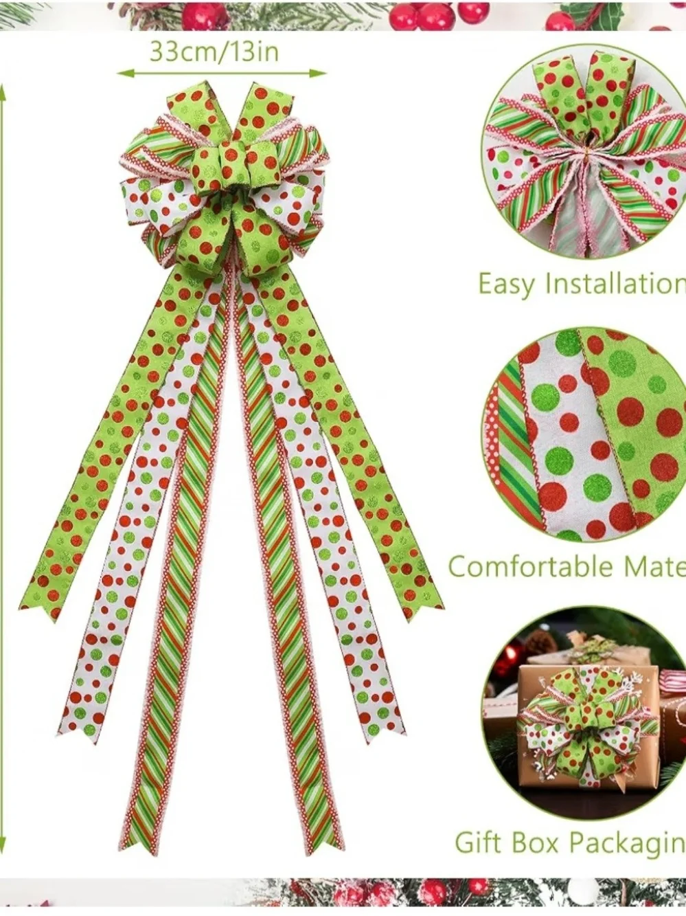 Festive Green & White Polka Dot Holiday Tree Topper Bow. NWT.